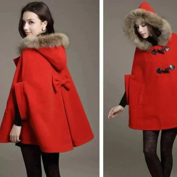 [12] Wool Blend Red Loose Batwing Sleeves  Poncho Hooded Coat Bow Cape Jacket - Picture 2 of 11